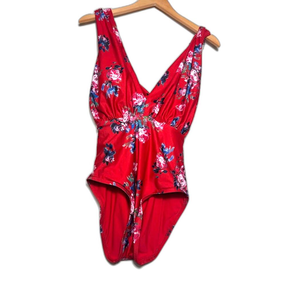 ModCloth The Lauren Red One-Piece Swimsuit sz Large Small Floral Plunging - Picture 2 of 5